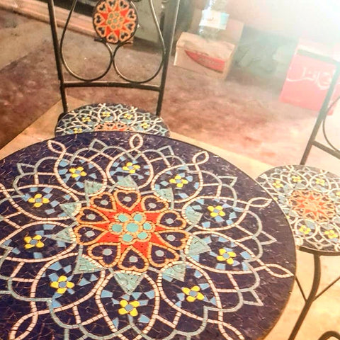 Wrought Iron Floral Mosaic Patio table with mosaic chairs