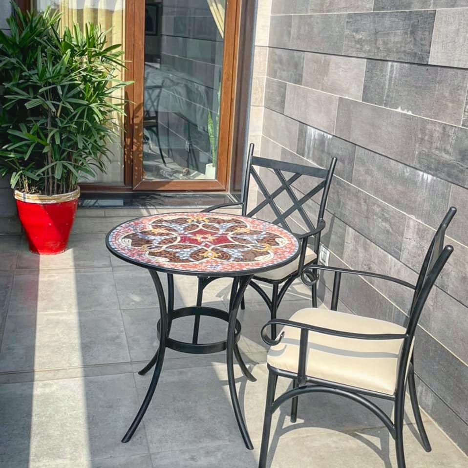 Wrought Iron Braid Mosaic Patio table with faux leather upholstered ch ...