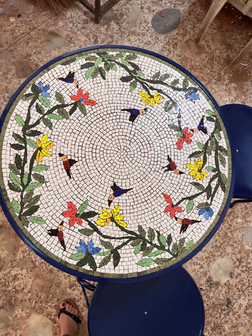 Wrought Iron humming bird Mosaic Patio table with faux leather upholstered chairs
